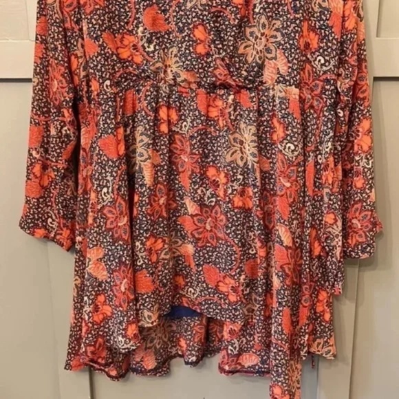 Free People Teegan Mini Dress in Peach Combo Long Sleeve Surplice Neck Sz Medium - Picture 8 of 15